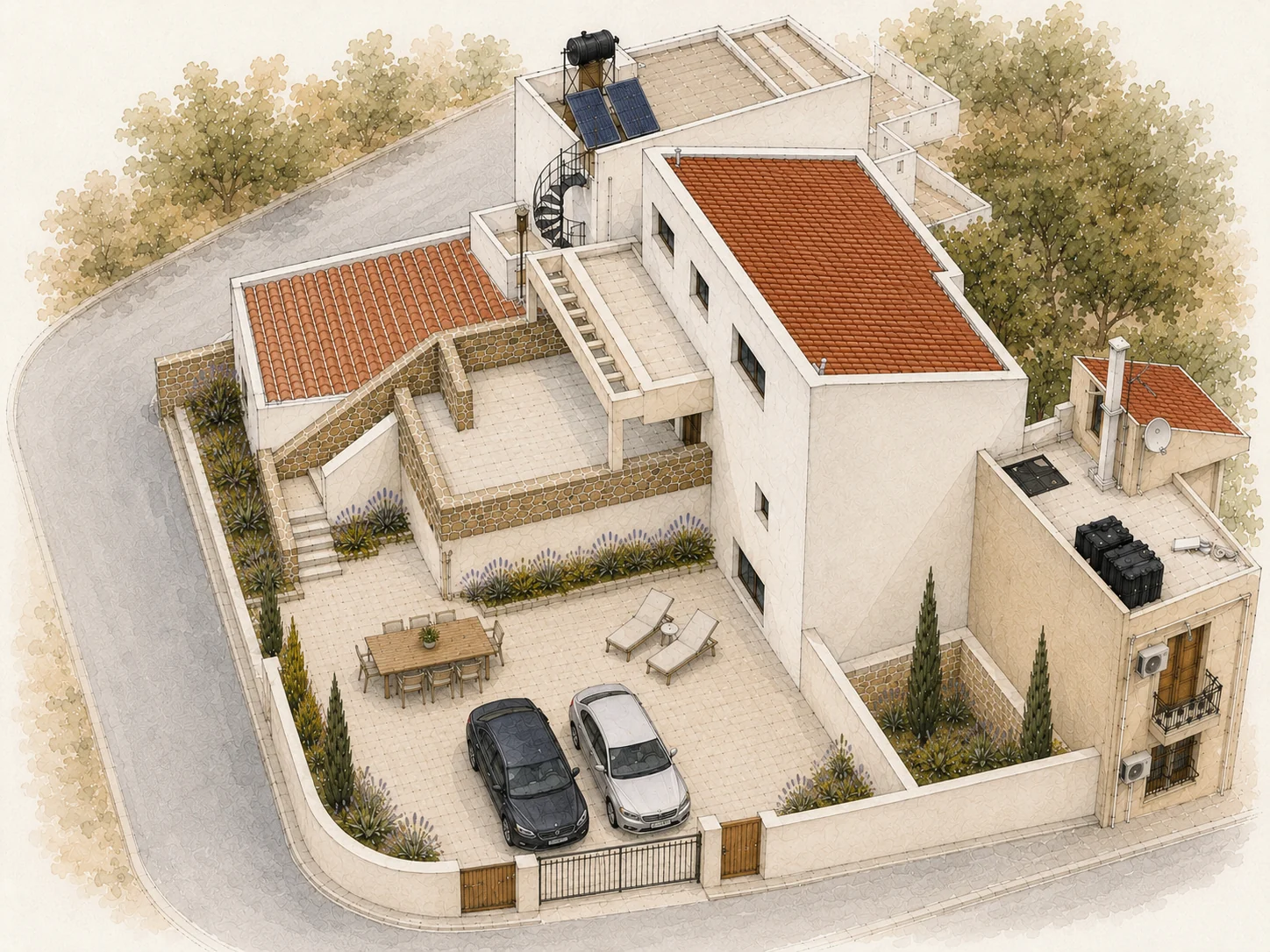 AI-generated illustrative concept showing parking, garden and outdoor living space