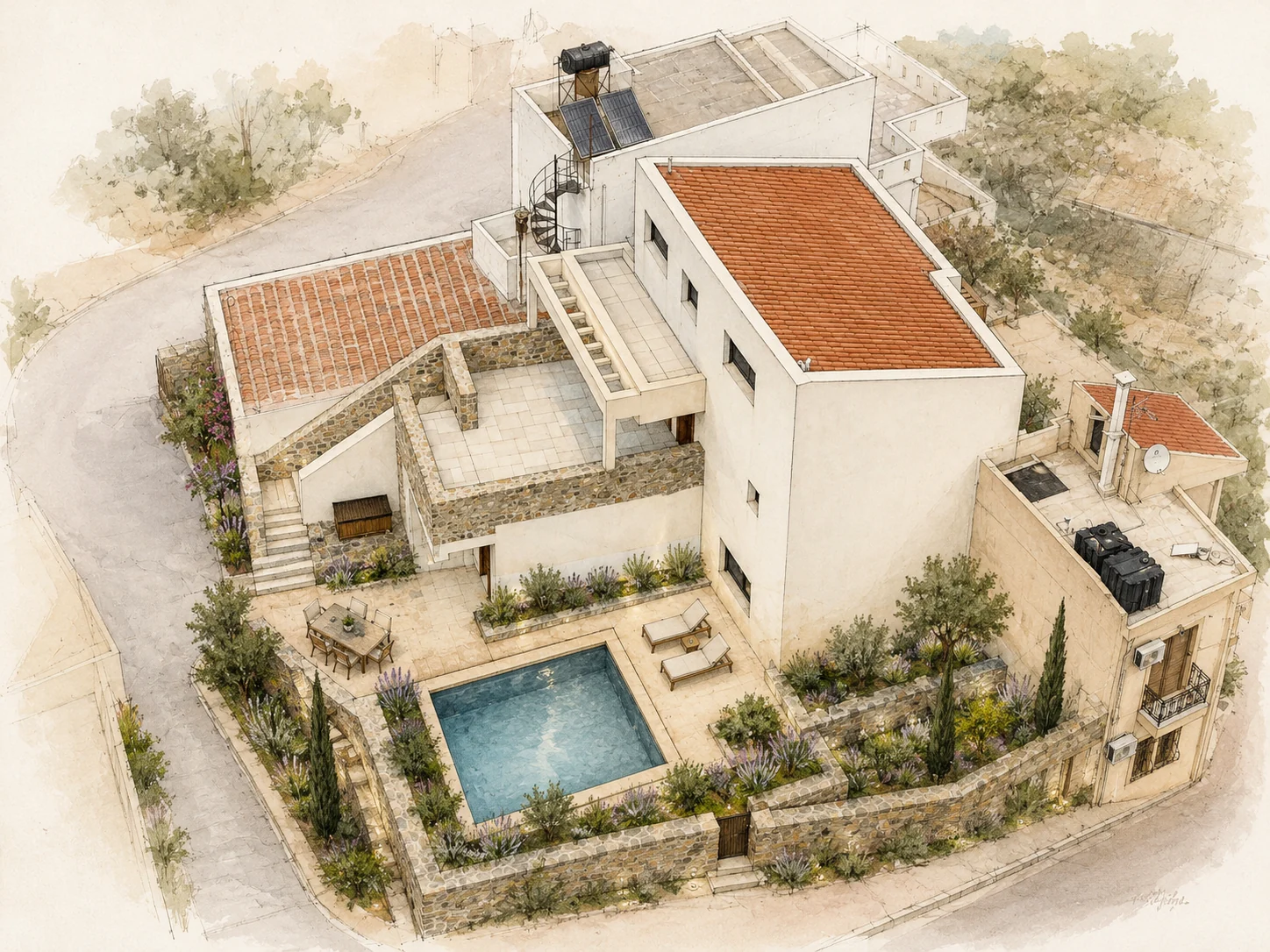 AI-generated illustrative concept showing a pool and landscaped garden beside AEOS Elounda